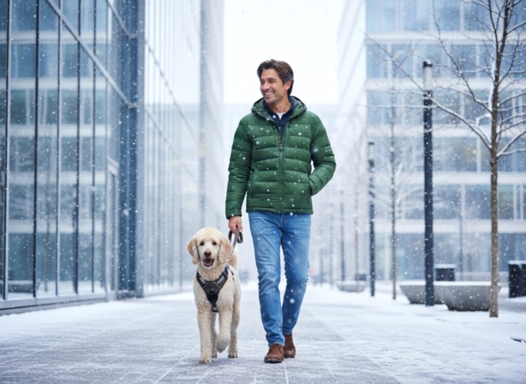 A photorealistic style ad showing a smiling Hispanic man with brown hair, wearing a green jacket and blue jeans, walking calmly with a well-trained Poodle service dog in a bright, modern urban setting during a snowy winter day.