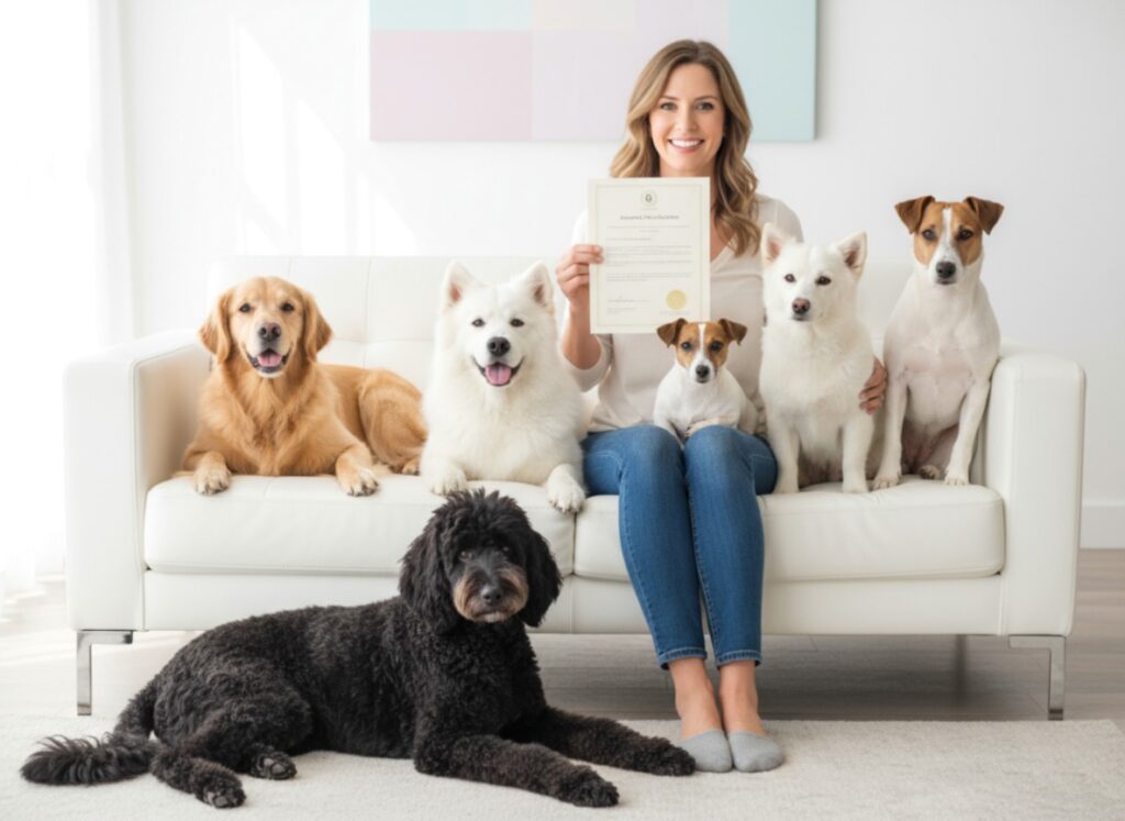 A photorealistic advertisement in bright, minimal Apple-inspired style. A happy pet owner sits on a modern white sofa in a bright living room, holding an official evaluation letter from an animal psychologist. Around the owner, four well-groomed dogs of different breeds sit calmly and affectionately. The scene feels warm, trustworthy, and professional, with soft natural lighting and a clean white background.