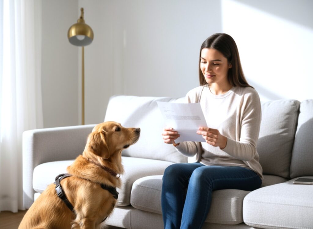 A photorealistic Apple-style advertisement in bright minimal tones. A calm, professional setting with a person sitting comfortably at home, holding a neatly printed letter while a trained service dog sits attentively beside them.