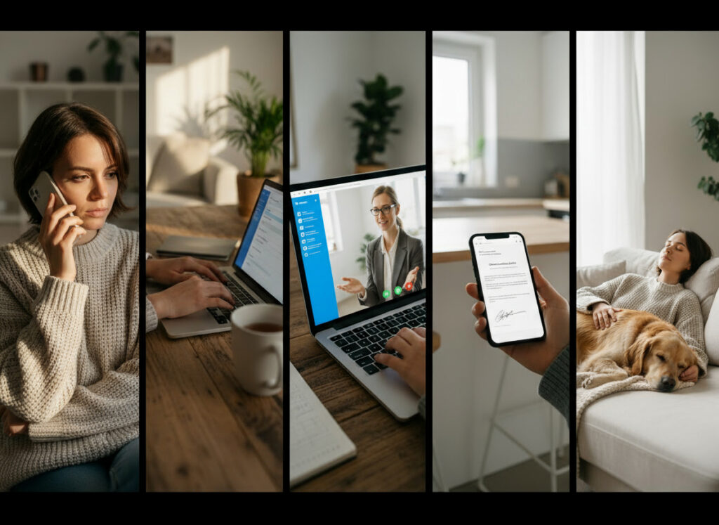 A photorealistic sequence-style image showing five moments: a phone consultation, a patient filling an online form on a laptop, a telehealth video call with a clinician, receiving a signed letter via email, and relaxing at home with an emotional support animal. Clean modern background, natural light.