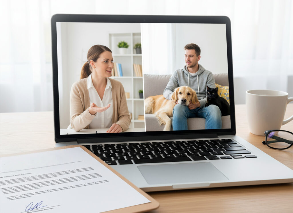 A photorealistic image of a telehealth session on a laptop screen: a professional psychologist talking with a patient who sits at home with their emotional support cat or dog nearby. On the desk, a document with a signature and official letterhead is visible. Bright natural lighting, professional healthcare atmosphere.