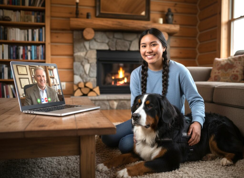 A photorealistic commercial scene shows a psychologist and pet owner having a video call over a bright laptop screen, with a calm service dog lying next to its owner. Style photorealistic.