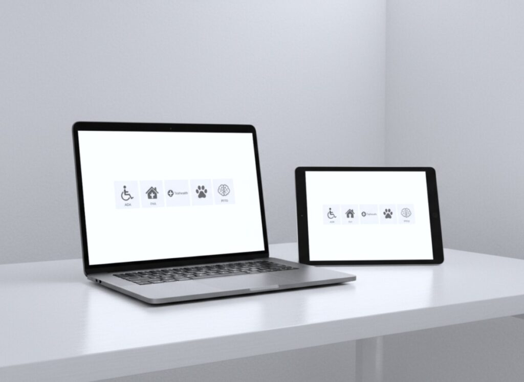A sleek minimalistic ad scene in Apple aesthetic. A clean workspace with a modern laptop and tablet side-by-side, each screen displaying icons for ADA, FHA, Telehealth, pet, and PTSD support. style photorealistic