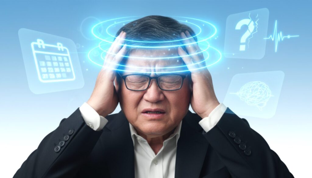 An elderly man is holding his head in pain, his eyes closed, indicating memory loss or dementia. Blue lights glow around his head, suggesting brain activity or neurological stress. Behind him, futuristic holographic icons appear, including a calendar, a question mark, and brainwave patterns, suggesting memory loss, dementia, or Alzheimer's. The lights stand out against a pastel blue and white background, contrasting with the blue lights glowing around his head. Photorealistic style, highly detailed, cinematic lighting, and medical conceptual illustration.