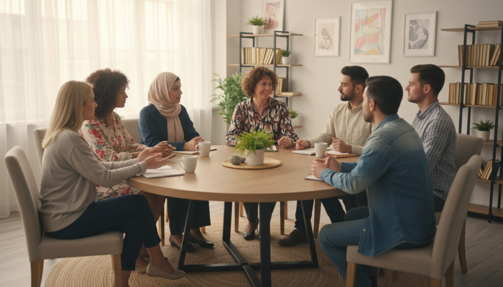 Ultra realistic image of a fertility psychologist sitting with diverse clients — Asian, Middle Eastern, Latino, and Western — in a round-table discussion. Warm, inclusive lighting, authentic facial features, multicultural wardrobe, realistic environment textures