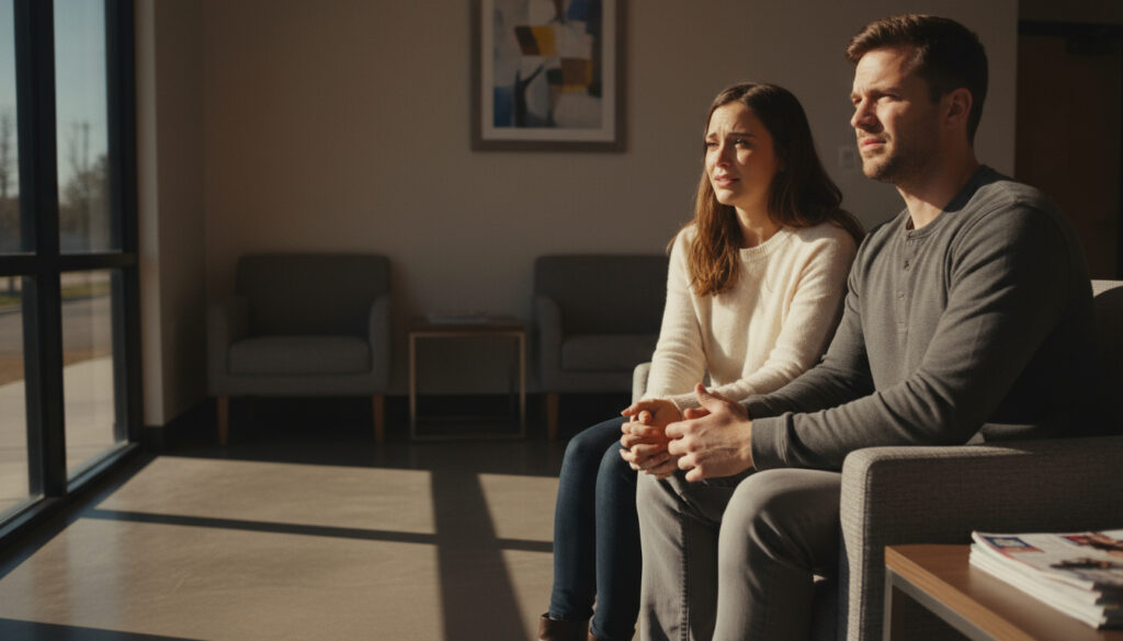 Ultra realistic cinematic photo of a couple holding hands in a fertility clinic waiting room, sunlight through window casting soft shadows. Subtle tears, anxious but hopeful expressions, realistic textures of hands, chairs, and light.