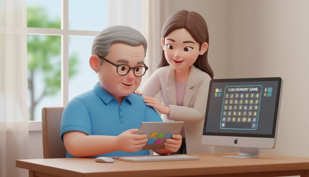 3D cartoon vector illustration in modern flat character design style. Image of a warm, chubby elderly father sitting beside his daughter. The long-haired brown-haired daughter in a light-colored coat smiles warmly as she gently supports her father. The old man with short gray hair in a blue polo shirt sits at his desk using a digital tablet. On the tablet screen is a simple geometric puzzle, while a nearby computer monitor displays a number memory game (1, 4, 2). The atmosphere is warm, with soft natural light, curtains and green trees as a backdrop. The overall color scheme is modern, friendly and supportive.