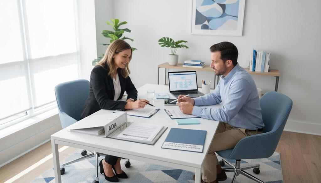 A modern, bright, and professional psychological clinic setting that visually represents expertise in ADA and Section 504 accommodations. A licensed psychologist doctorate-level discussing legal documents or evaluation reports with an adult client, both looking confident and engaged. On the desk: organized paperwork labeled “ADA,” “504 Plan,” and “Psychological Evaluation,” a laptop, and soft stationery details. The environment conveys clarity and professionalism — white and light blue tones, natural daylight, clean lines, minimal yet warm decor plants. The overall composition symbolizes guidance, support, and legal protection for clients seeking fair access in education, employment, or testing. Photographic realism, clean modern branding style, 16:9 aspect ratio for website or campaign use.