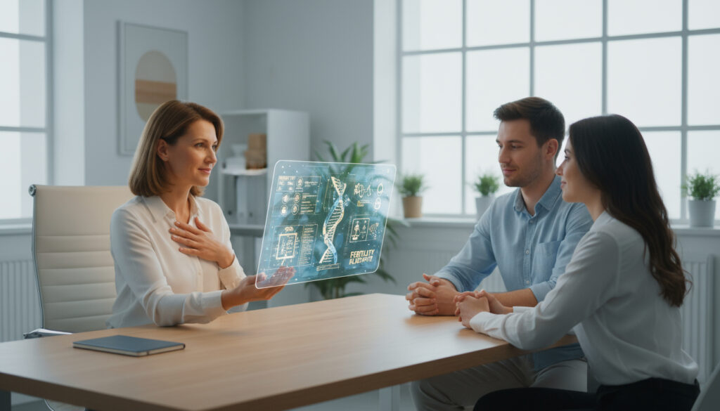 A symbolic image of a fertility psychologist in a modern clinical office holding a glowing report that resembles a digital blueprint of life. Soft natural lighting, minimal modern design, scientific yet emotional mood, focus on empathy and trust