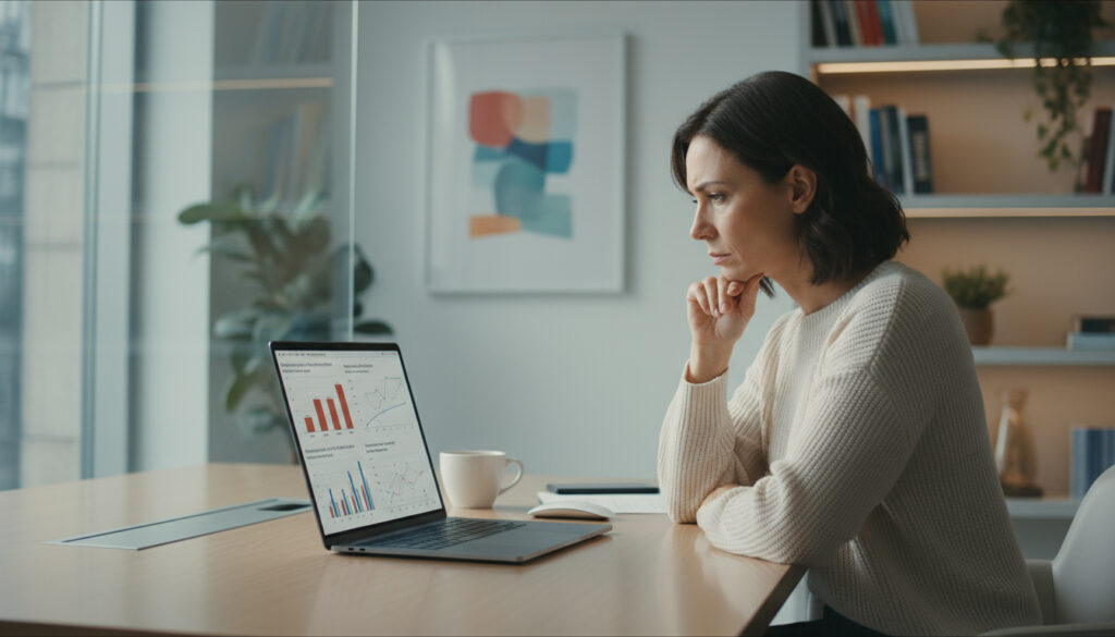 A highly realistic film of a psychologist analyzing psychological data on a laptop screen in an office for a fertility study. Realistic reflections, modern lighting.