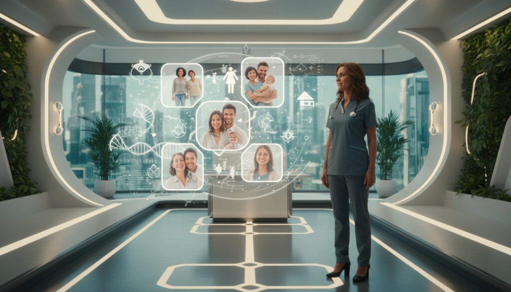 Ultra realistic cinematic image of a fertility psychologist looking at a holographic projection of diverse modern families — same-sex couples, international surrogates, and donors — in a bright, futuristic clinic. Balanced mix of science and humanity.