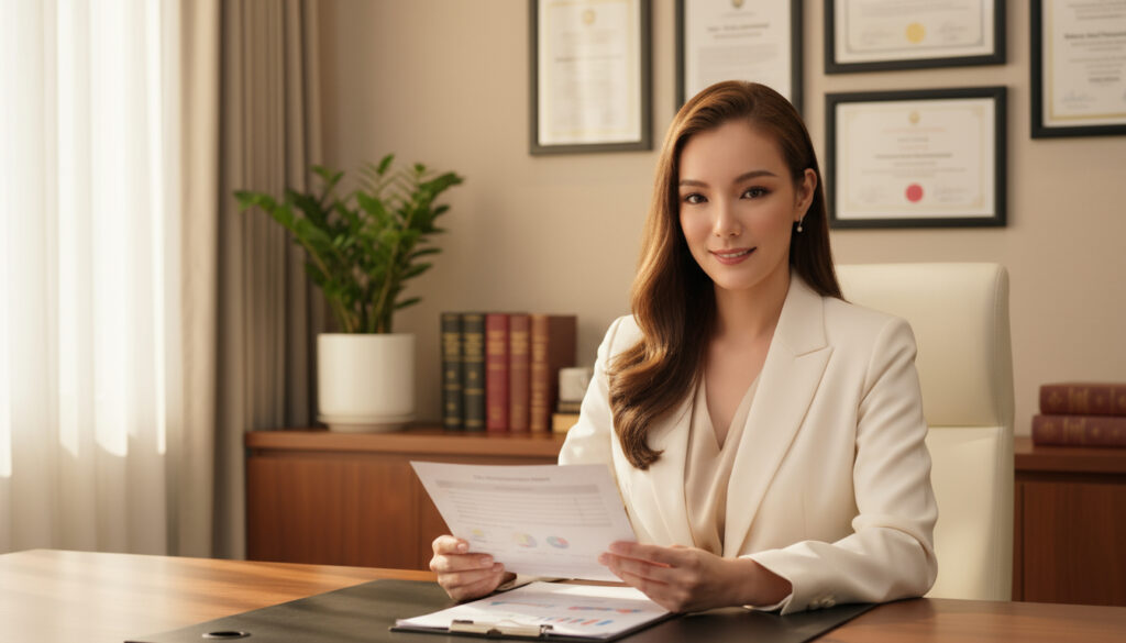 Ultra realistic cinematic portrait of a doctorate-level fertility psychologist, Dr. Irada Wattanavitukul, seated in a refined consultation room with soft golden light and academic certificates in the background. She reviews a detailed psychological report with confidence and empathy. The atmosphere conveys authority, clarity, and emotional intelligence. Hyper-detailed textures, natural lighting, soft depth of field, cinematic tone.