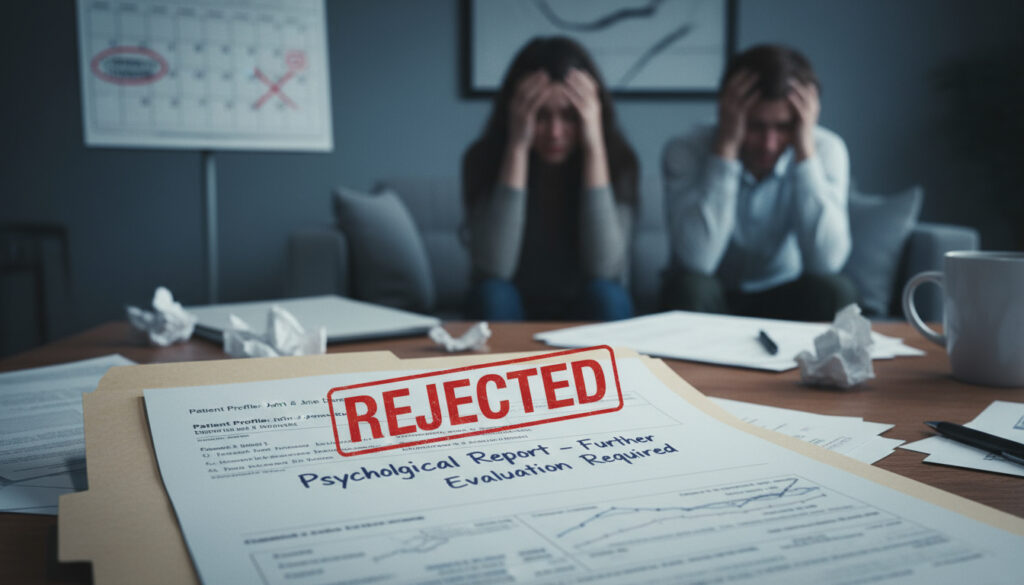 Ultra realistic photo of a rejected psychological report on a desk marked “REJECTED,” with a blurred background of a sad couple and a delayed embryo transfer calendar. Cool tone lighting, cinematic focus, emotional realism.