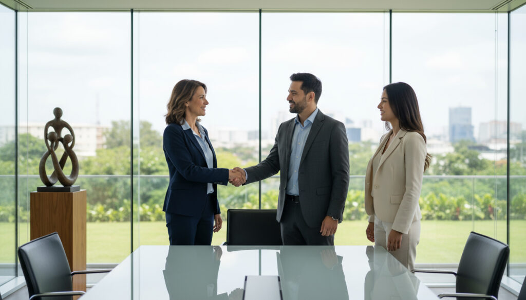 Ultra realistic image of a fertility psychologist shaking hands with clinic directors in a glass-walled modern office. Business attire, soft natural lighting, reflection on the table, authentic human interaction, realistic depth and skin tone.