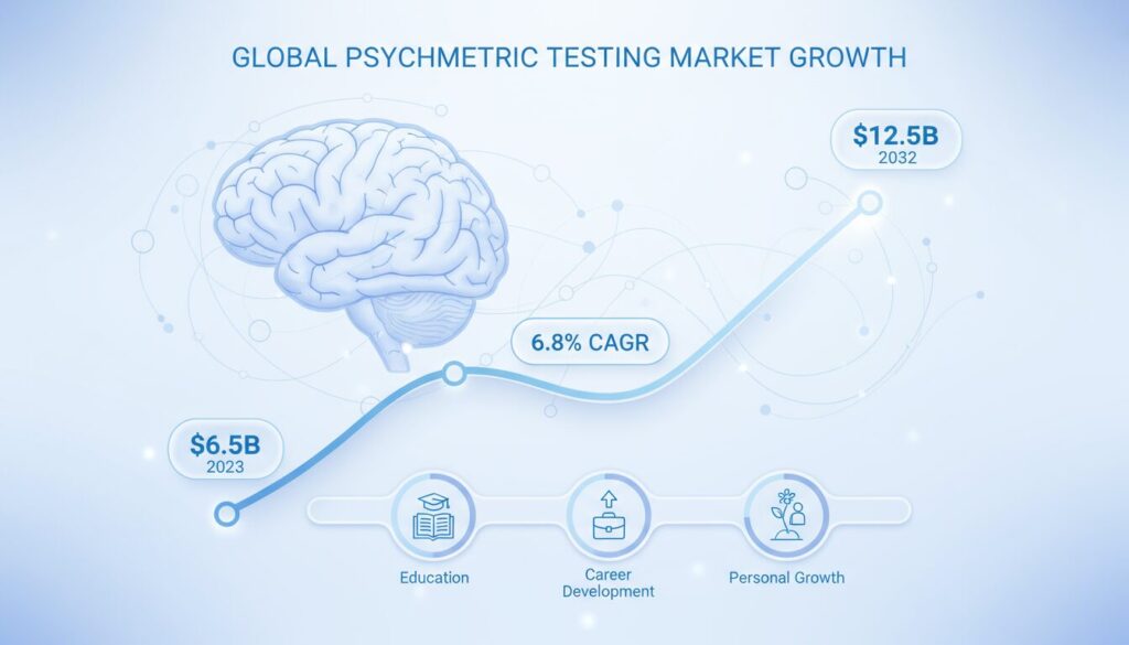 A clean, modern infographic in pastel blue and white tones, illustrating the global growth of the psychometric testing market. A smooth upward bar or line chart shows market expansion from $6.5B in 2023 to $12.5B in 2032, with a 6.8% CAGR label. Background features soft abstract graphics — human brain outline, neural network lines, and floating data points — symbolizing cognitive and personality assessment. Minimal icons representing Education, Career Development, and Personal Growth connected in a flowing pathway across the image. Soft gradients, glassmorphism effects, rounded shapes, subtle shadows, and a futuristic, trustworthy aesthetic. Color palette: pastel sky blue, soft white, light gray, with touches of lavender for contrast.